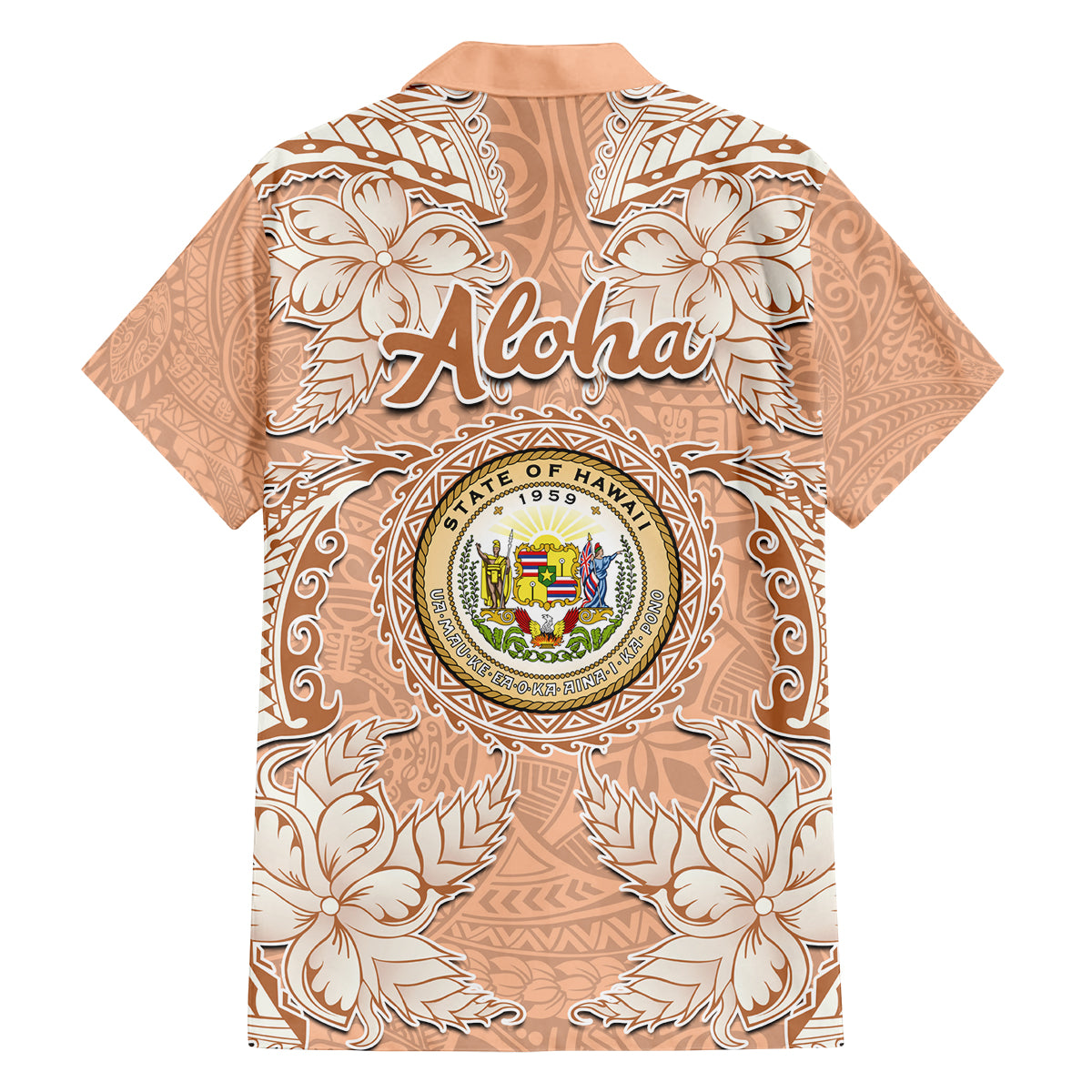 Hawaii Tropical Flowers with Kakau Tribal Family Matching Long Sleeve Bodycon Dress and Hawaiian Shirt Peach Fuzz Color LT03 - Polynesian Pride