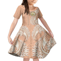 Hawaii Tropical Flowers with Kakau Tribal Family Matching Short Sleeve Bodycon Dress and Hawaiian Shirt Peach Fuzz Color LT03 Daughter's Dress Peach Fuzz - Polynesian Pride