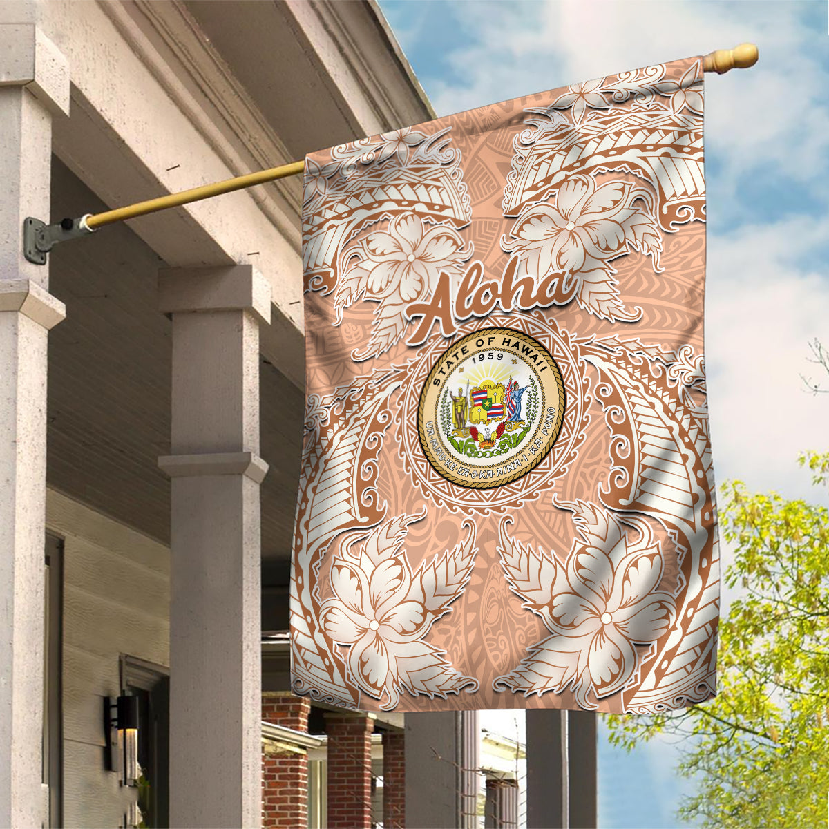 Hawaii Tropical Flowers with Kakau Tribal Garden Flag Peach Fuzz Color LT03 House Flag Peach Fuzz - Polynesian Pride