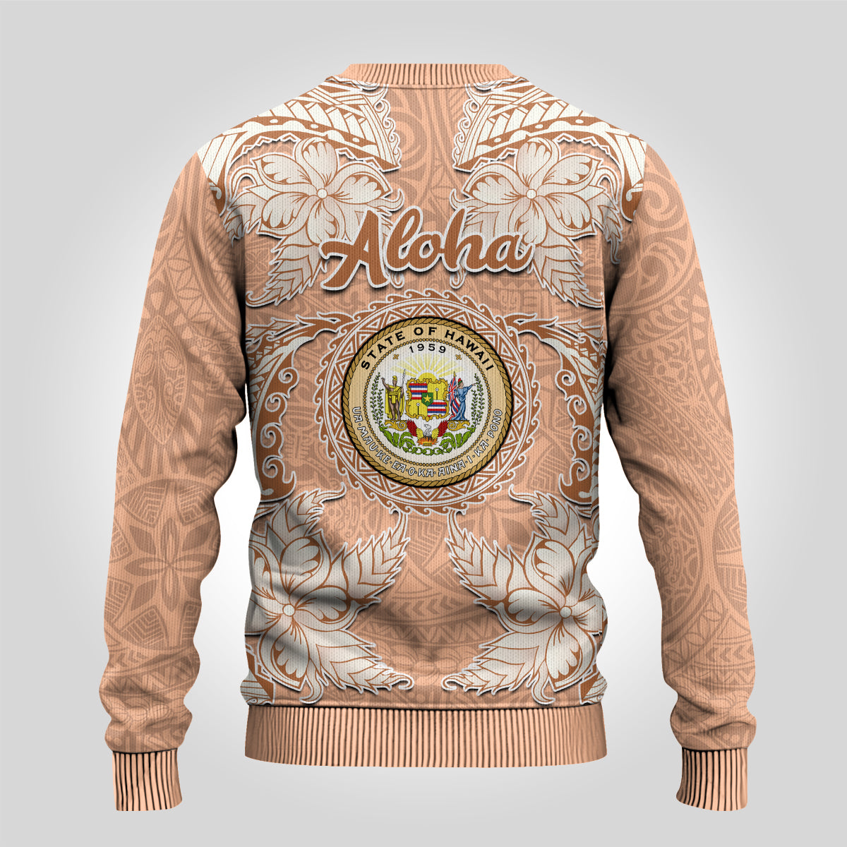 Hawaii Tropical Flowers with Kakau Tribal Ugly Christmas Sweater Peach Fuzz Color LT03 - Polynesian Pride