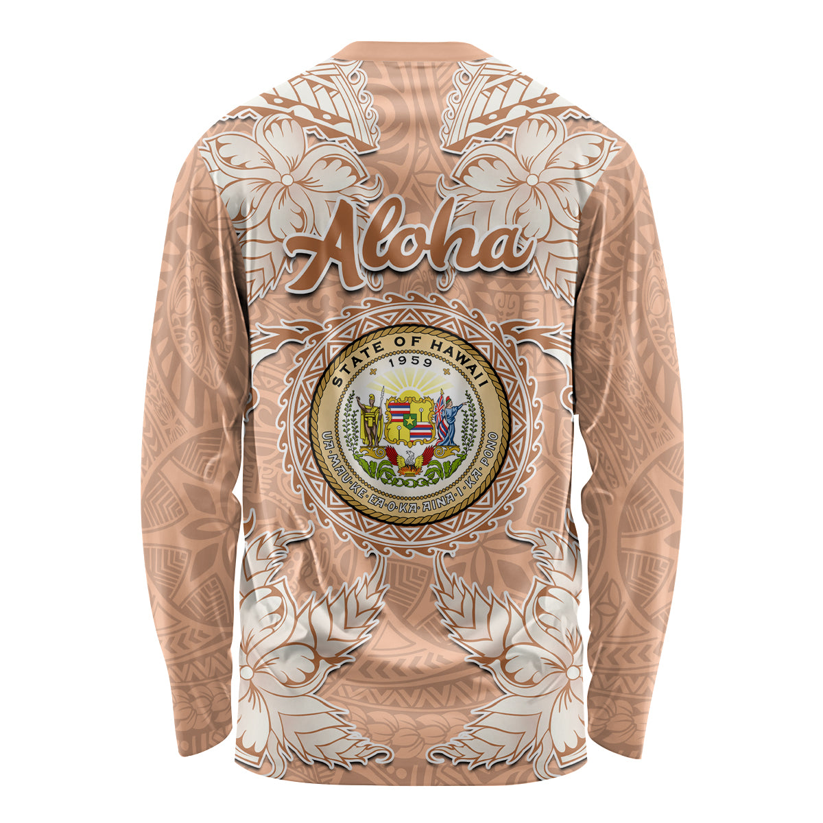 Hawaii Tropical Flowers with Kakau Tribal Long Sleeve Shirt Peach Fuzz Color LT03 - Polynesian Pride
