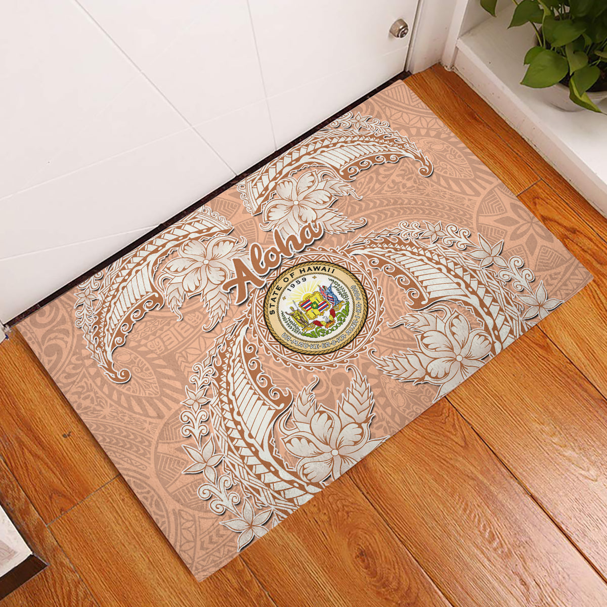 Hawaii Tropical Flowers with Kakau Tribal Rubber Doormat Peach Fuzz Color LT03 Peach Fuzz - Polynesian Pride