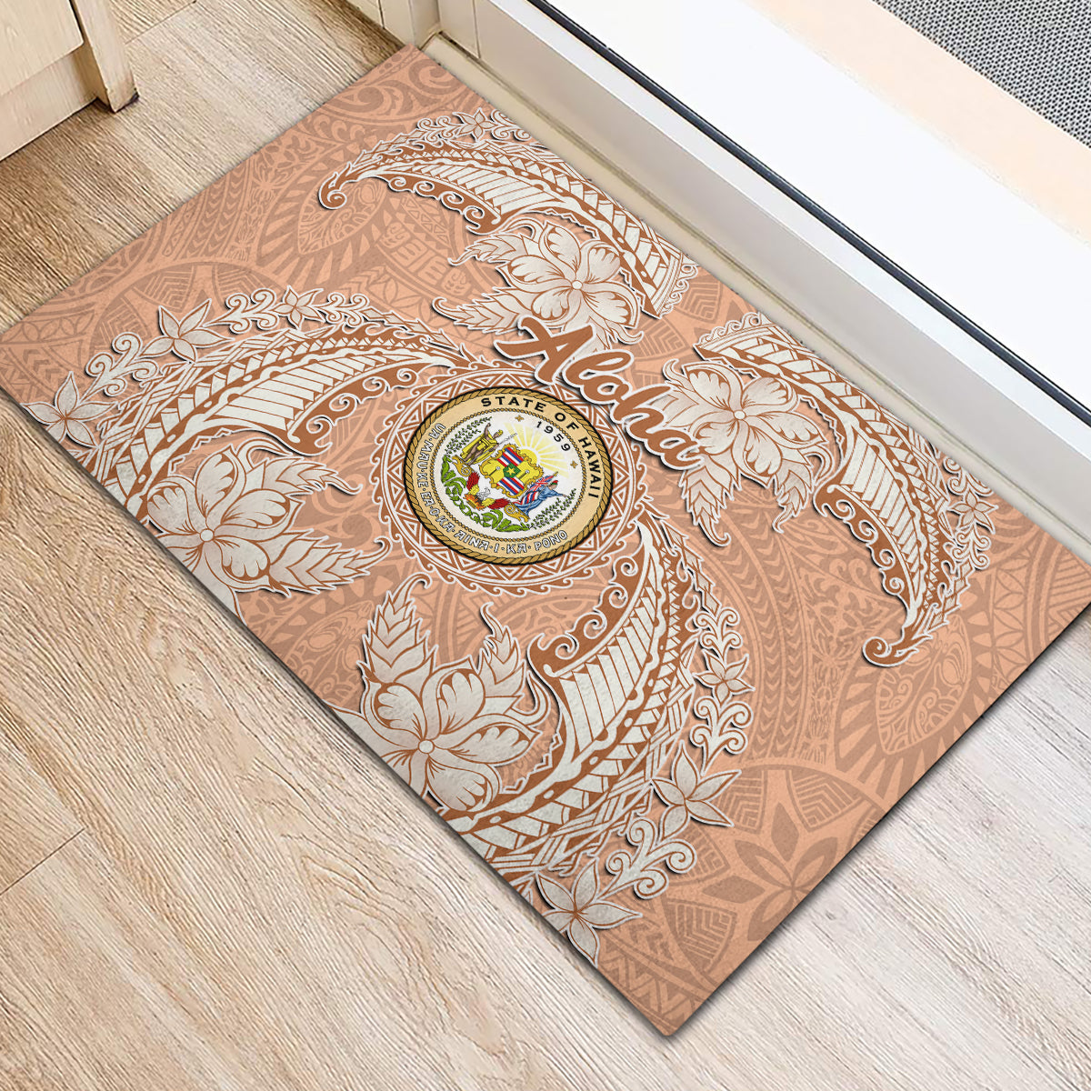 Hawaii Tropical Flowers with Kakau Tribal Rubber Doormat Peach Fuzz Color LT03 - Polynesian Pride
