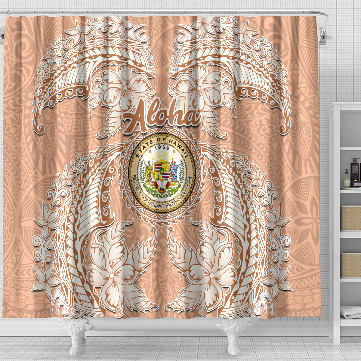 Hawaii Tropical Flowers with Kakau Tribal Shower Curtain Peach Fuzz Color LT03 - Polynesian Pride