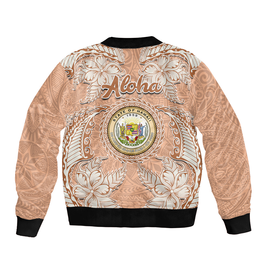 Hawaii Tropical Flowers with Kakau Tribal Sleeve Zip Bomber Jacket Peach Fuzz Color LT03 - Polynesian Pride