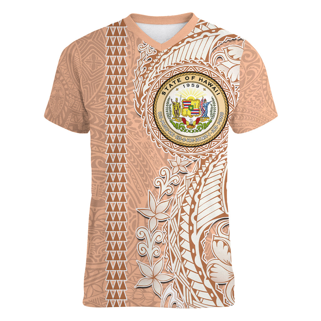 Hawaii Tropical Flowers with Kakau Tribal Women V Neck T Shirt Peach Fuzz Color LT03 Female Peach Fuzz - Polynesian Pride