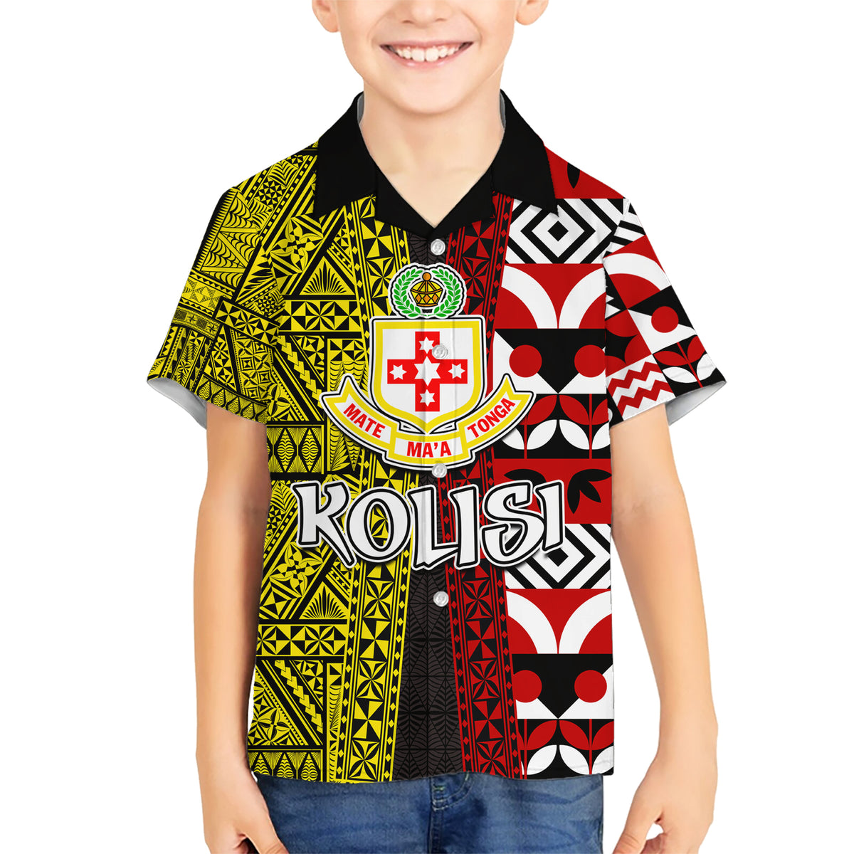 Tonga Kolisi Tonga Family Matching Short Sleeve Bodycon Dress and Hawaiian Shirt Ngatu and Geometric Pattern LT03 Son's Shirt Red - Polynesian Pride