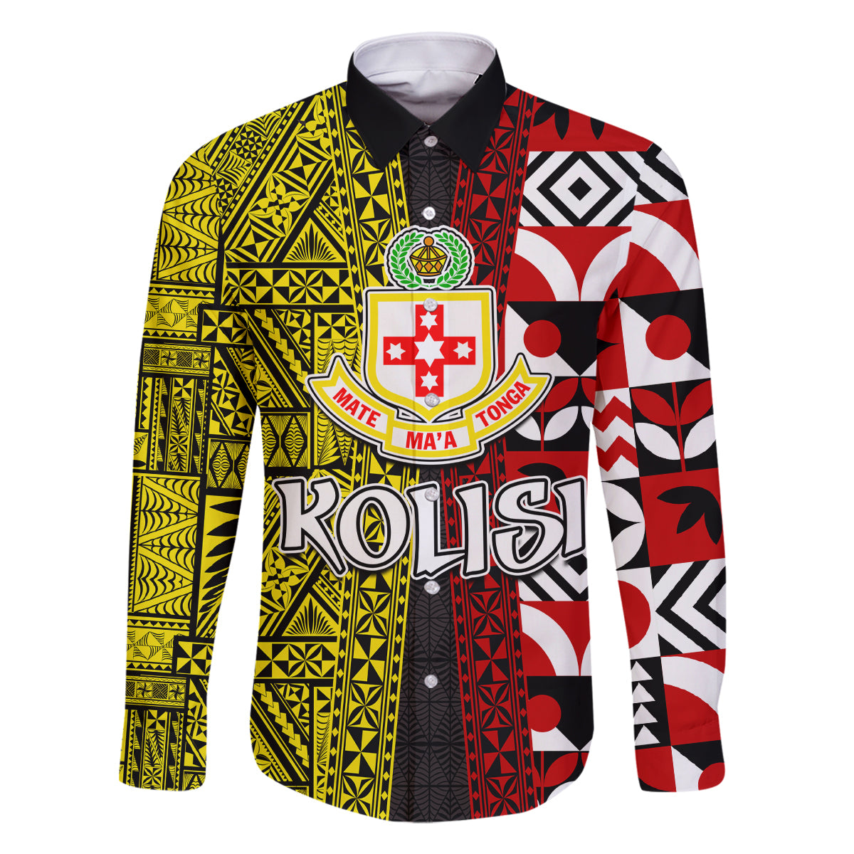 Tonga Kolisi Tonga Family Matching Summer Maxi Dress and Hawaiian Shirt Ngatu and Geometric Pattern LT03 Dad's Shirt - Long Sleeve Red - Polynesian Pride