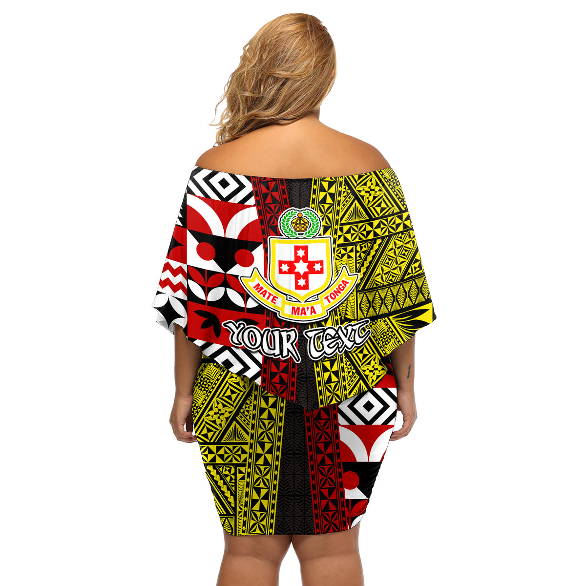 Tonga Kolisi Tonga Off Shoulder Short Dress Ngatu and Geometric Pattern LT03 - Polynesian Pride
