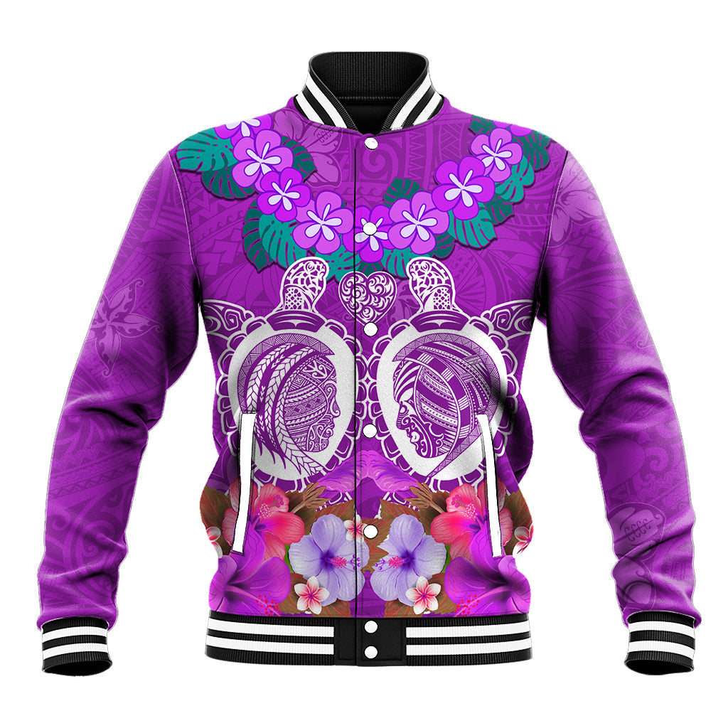 Polynesian Valentine Day Baseball Jacket Love Couple Turtle Maori Hibiscus Purple LT03 Unisex Purple - Polynesian Pride