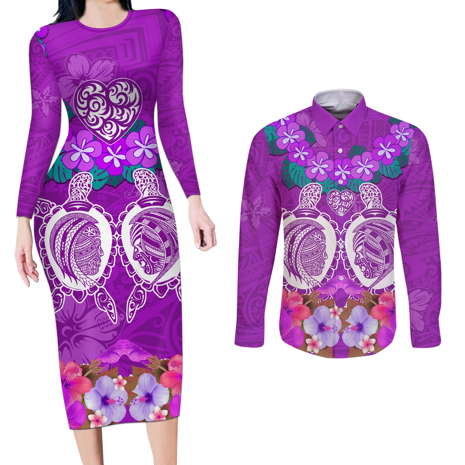 Polynesian Valentine Day Couples Matching Long Sleeve Bodycon Dress and Long Sleeve Button Shirt Love Couple Turtle Maori Hibiscus Purple LT03 Purple - Polynesian Pride