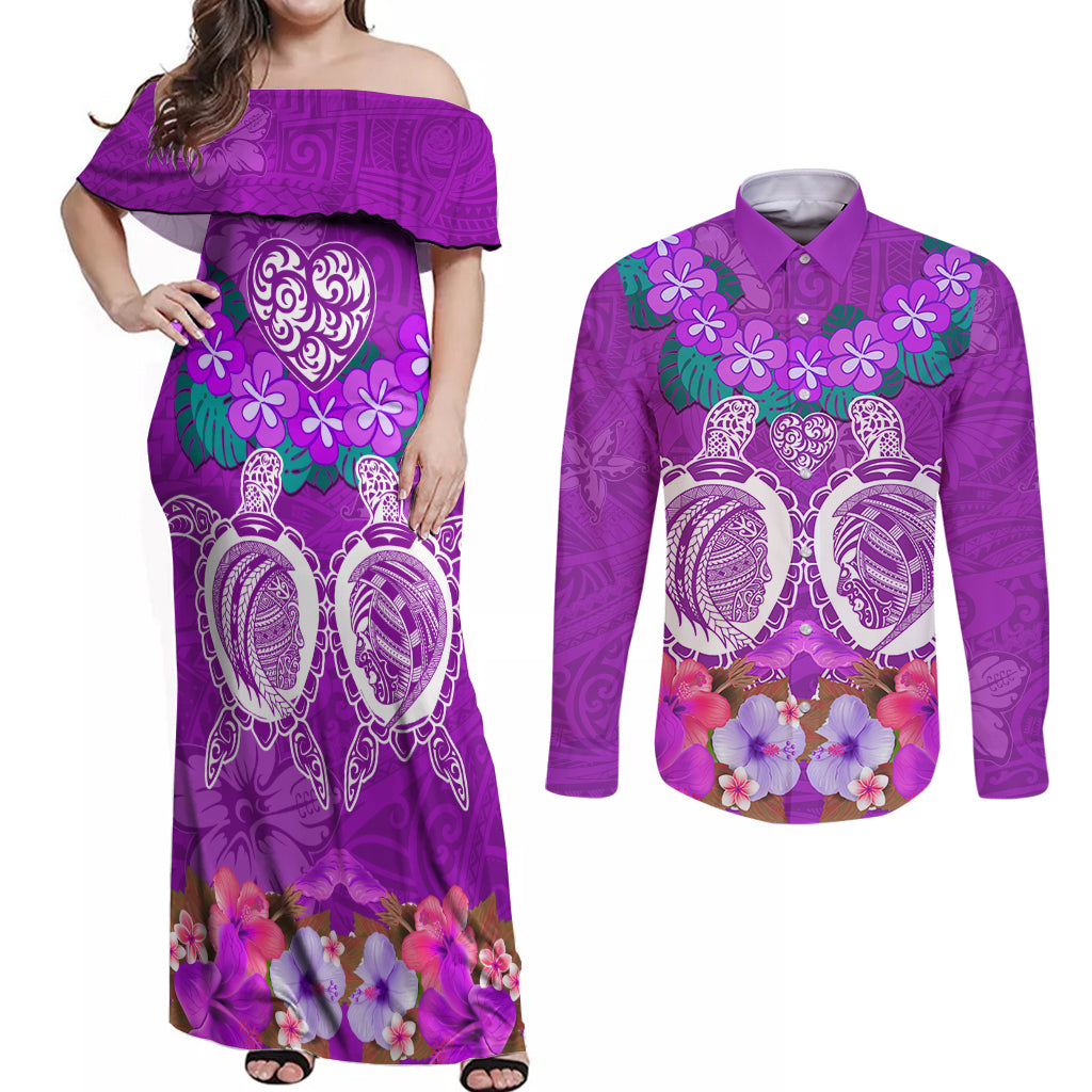Polynesian Valentine Day Couples Matching Off Shoulder Maxi Dress and Long Sleeve Button Shirt Love Couple Turtle Maori Hibiscus Purple LT03 Purple - Polynesian Pride