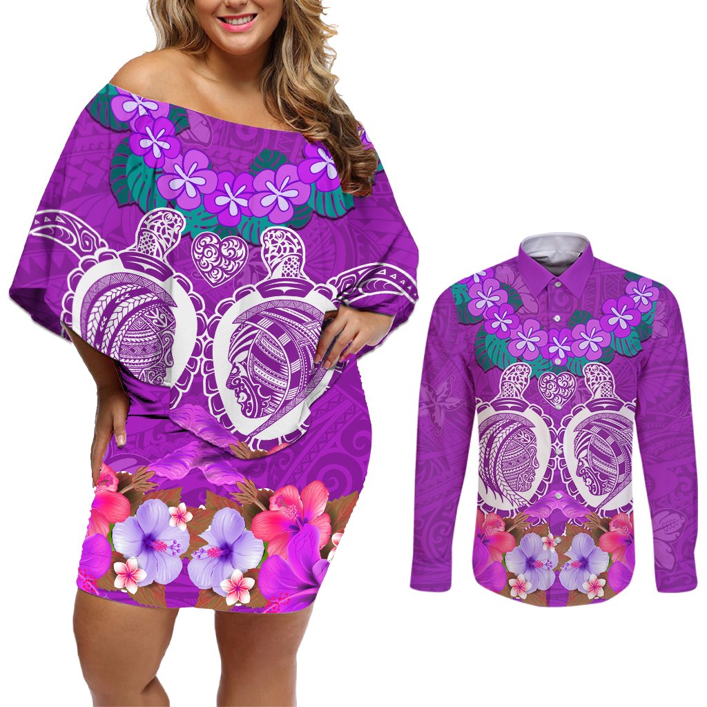 Polynesian Valentine Day Couples Matching Off Shoulder Short Dress and Long Sleeve Button Shirt Love Couple Turtle Maori Hibiscus Purple LT03 Purple - Polynesian Pride