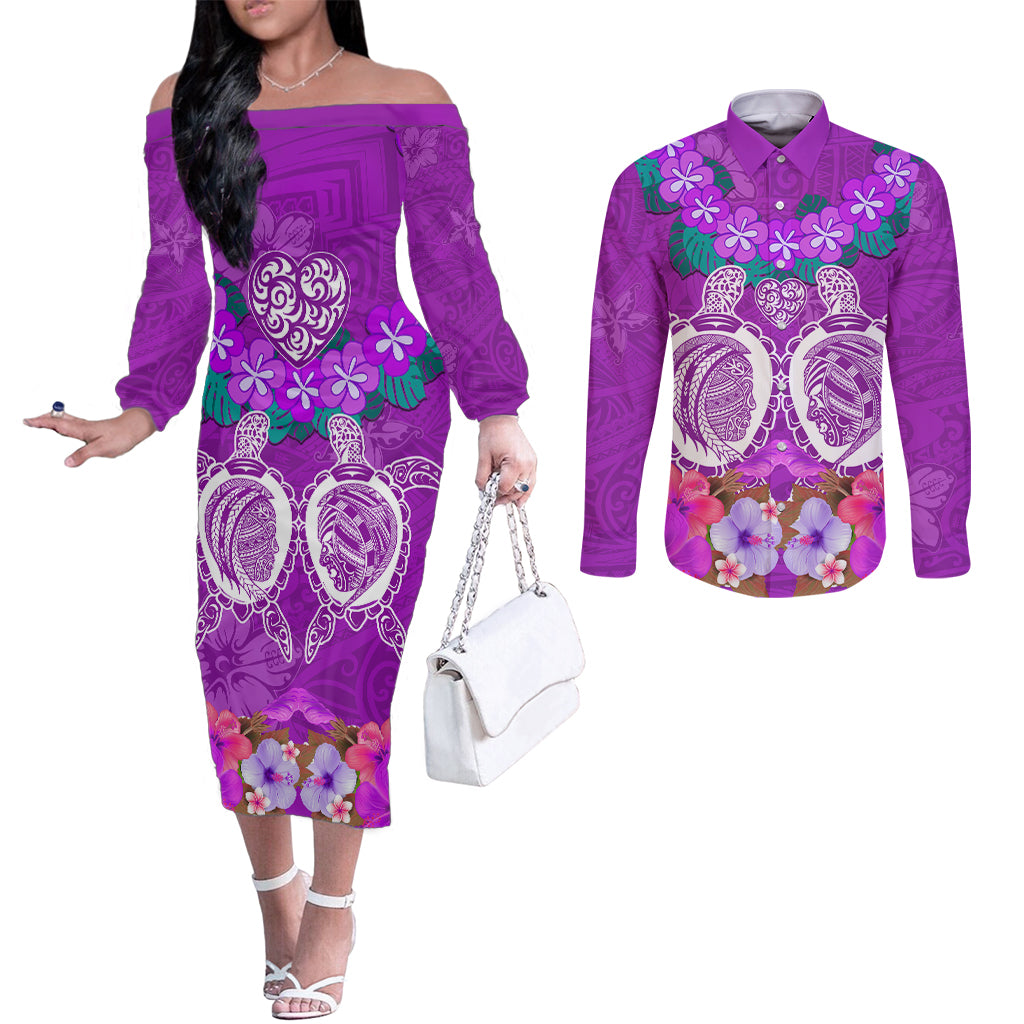 Polynesian Valentine Day Couples Matching Off The Shoulder Long Sleeve Dress and Long Sleeve Button Shirt Love Couple Turtle Maori Hibiscus Purple LT03 Purple - Polynesian Pride