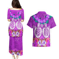 Polynesian Valentine Day Couples Matching Puletasi and Hawaiian Shirt Love Couple Turtle Maori Hibiscus Purple LT03 - Polynesian Pride