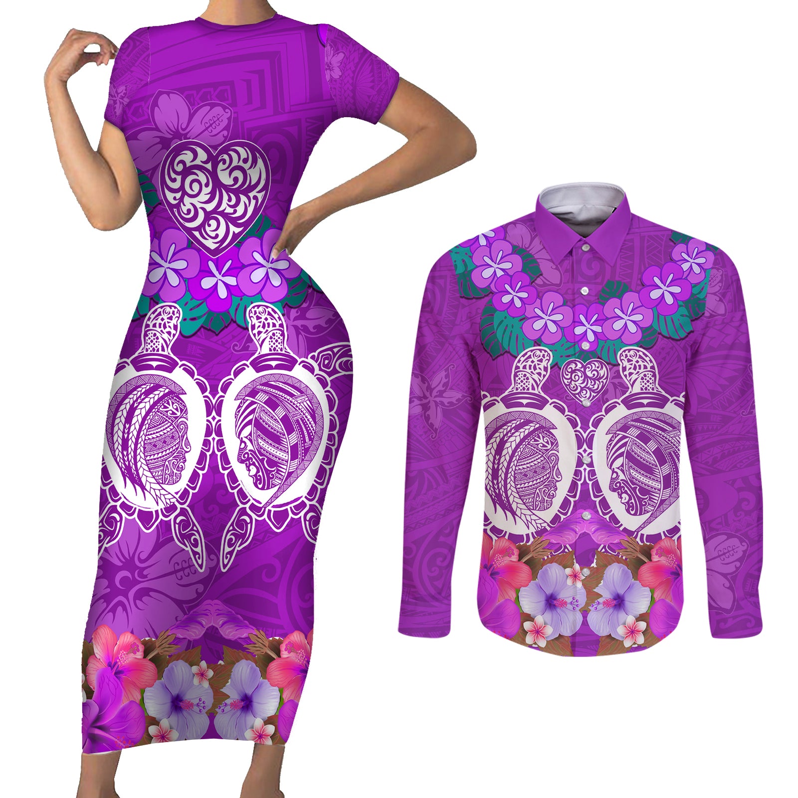 Polynesian Valentine Day Couples Matching Short Sleeve Bodycon Dress and Long Sleeve Button Shirt Love Couple Turtle Maori Hibiscus Purple LT03 Purple - Polynesian Pride