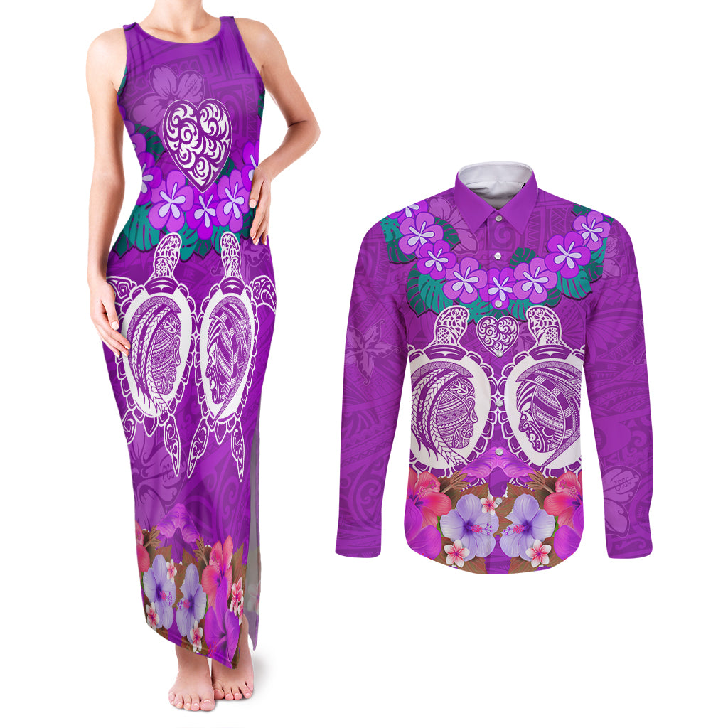 Polynesian Valentine Day Couples Matching Tank Maxi Dress and Long Sleeve Button Shirt Love Couple Turtle Maori Hibiscus Purple LT03 Purple - Polynesian Pride