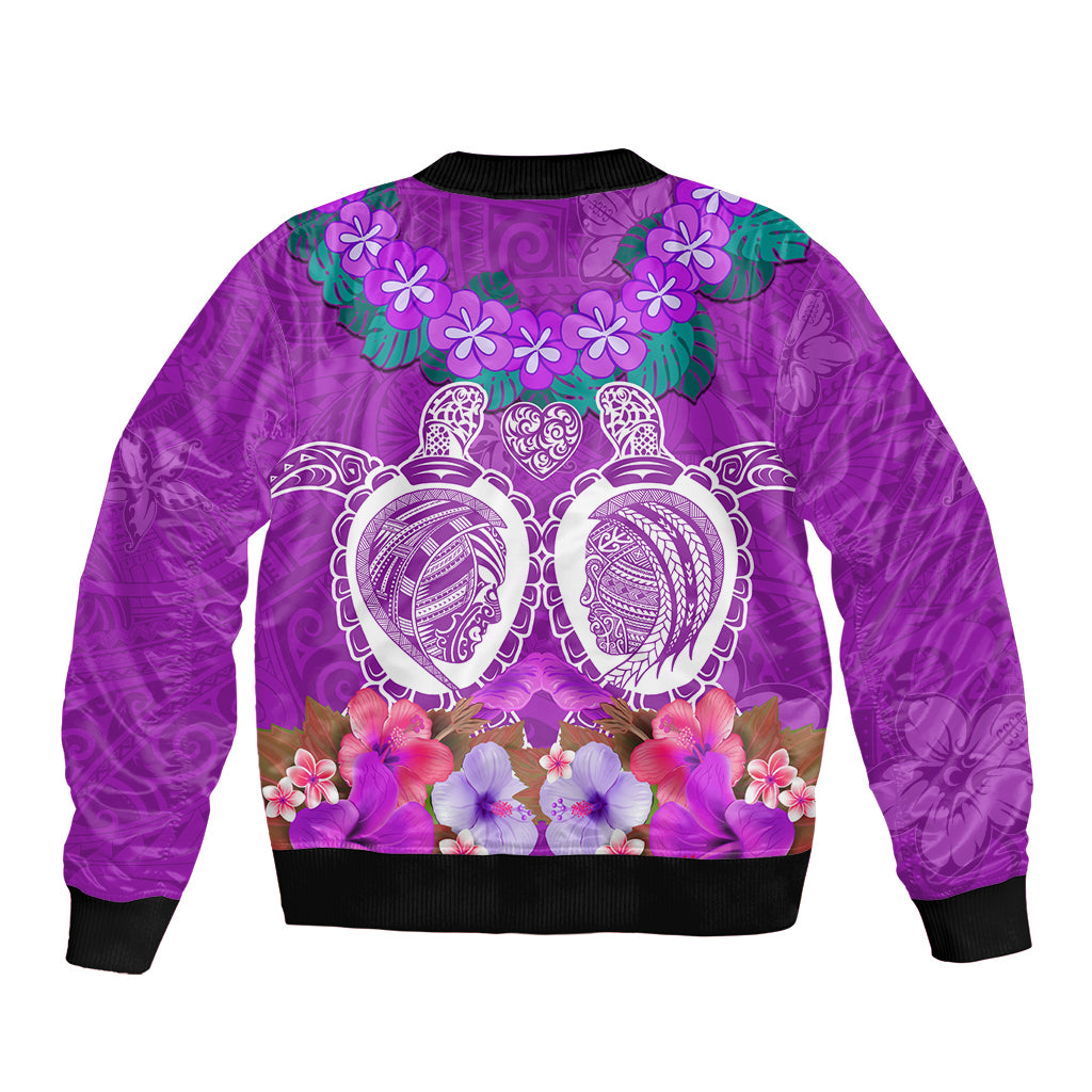 Polynesian Valentine Day Sleeve Zip Bomber Jacket Love Couple Turtle Maori Hibiscus Purple LT03 - Polynesian Pride