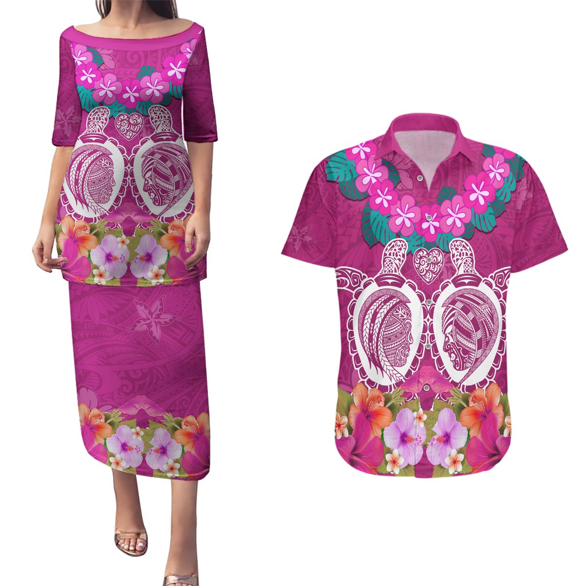 Polynesian Valentine Day Couples Matching Puletasi and Hawaiian Shirt Love Couple Turtle Maori Hibiscus Pink LT03 Pink - Polynesian Pride