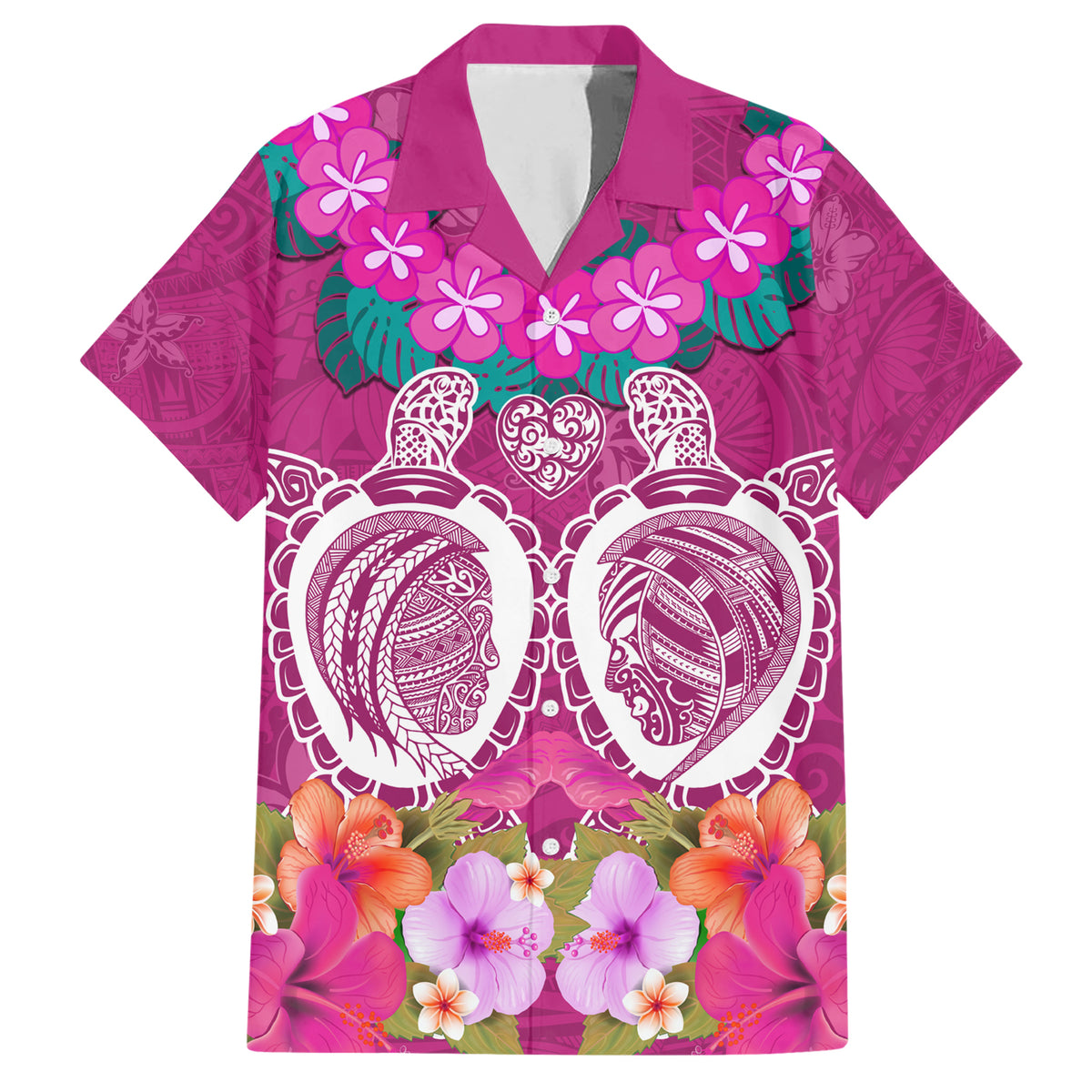 Polynesian Valentine Day Family Matching Short Sleeve Bodycon Dress and Hawaiian Shirt Love Couple Turtle Maori Hibiscus Pink LT03 Dad's Shirt - Short Sleeve Pink - Polynesian Pride