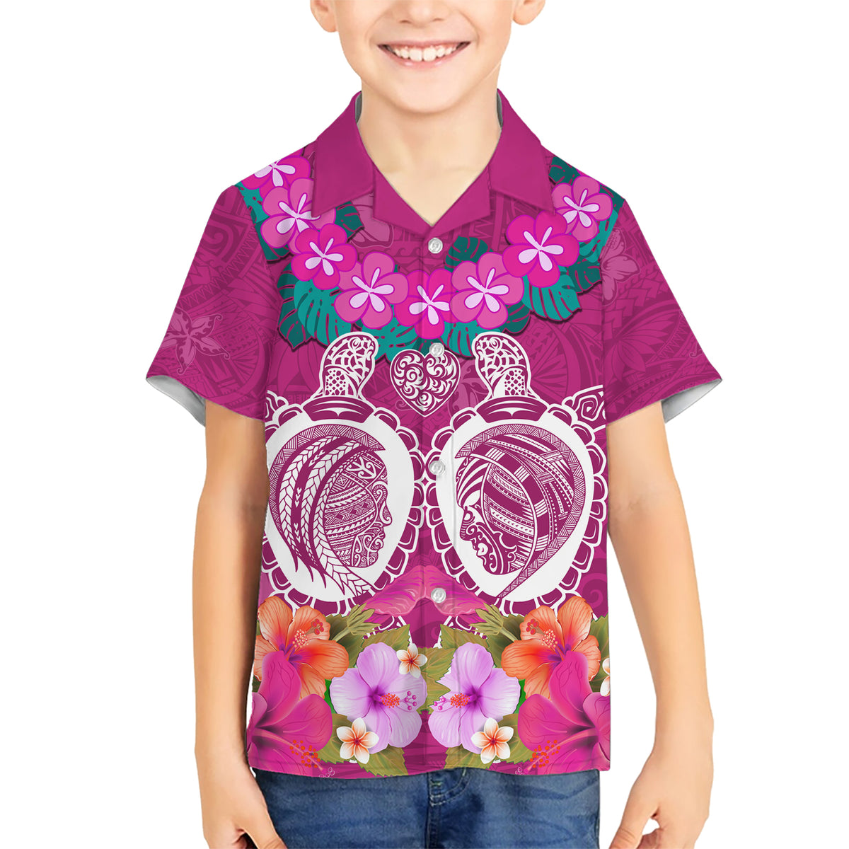 Polynesian Valentine Day Kid Hawaiian Shirt Love Couple Turtle Maori Hibiscus Pink LT03 Kid Pink - Polynesian Pride