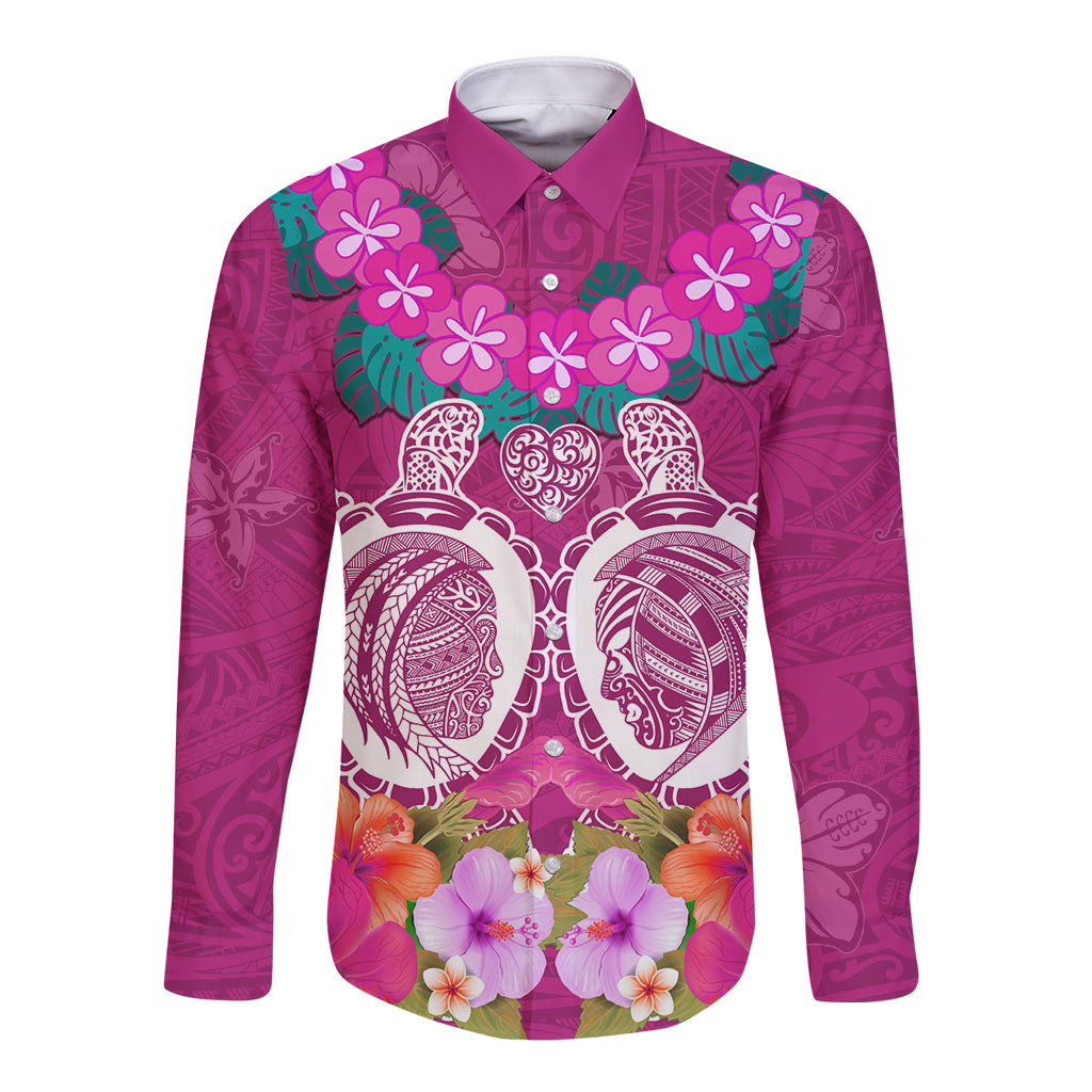 Polynesian Valentine Day Long Sleeve Button Shirt Love Couple Turtle Maori Hibiscus Pink LT03 Unisex Pink - Polynesian Pride