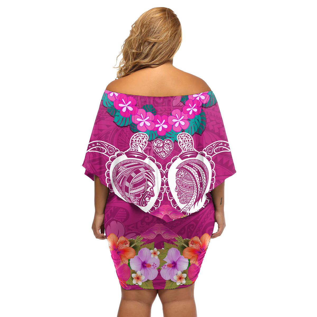 Polynesian Valentine Day Off Shoulder Short Dress Love Couple Turtle Maori Hibiscus Pink LT03 - Polynesian Pride