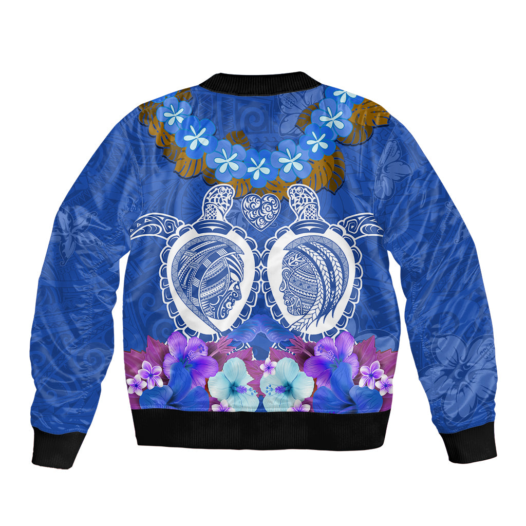 Polynesian Valentine Day Bomber Jacket Love Couple Turtle Maori Hibiscus Blue LT03 - Polynesian Pride