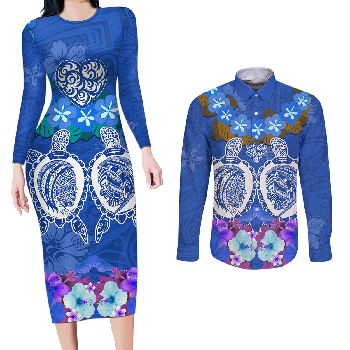 Polynesian Valentine Day Couples Matching Long Sleeve Bodycon Dress and Long Sleeve Button Shirt Love Couple Turtle Maori Hibiscus Blue LT03 Blue - Polynesian Pride