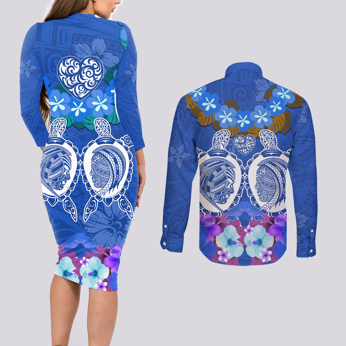 Polynesian Valentine Day Couples Matching Long Sleeve Bodycon Dress and Long Sleeve Button Shirt Love Couple Turtle Maori Hibiscus Blue LT03 - Polynesian Pride