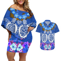 Polynesian Valentine Day Couples Matching Off Shoulder Short Dress and Hawaiian Shirt Love Couple Turtle Maori Hibiscus Blue LT03 Blue - Polynesian Pride