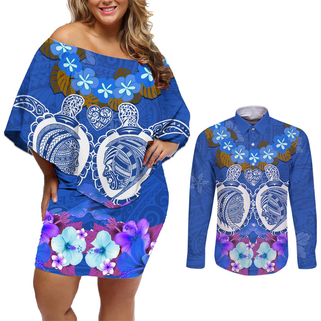 Polynesian Valentine Day Couples Matching Off Shoulder Short Dress and Long Sleeve Button Shirt Love Couple Turtle Maori Hibiscus Blue LT03 Blue - Polynesian Pride