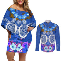 Polynesian Valentine Day Couples Matching Off Shoulder Short Dress and Long Sleeve Button Shirt Love Couple Turtle Maori Hibiscus Blue LT03 Blue - Polynesian Pride