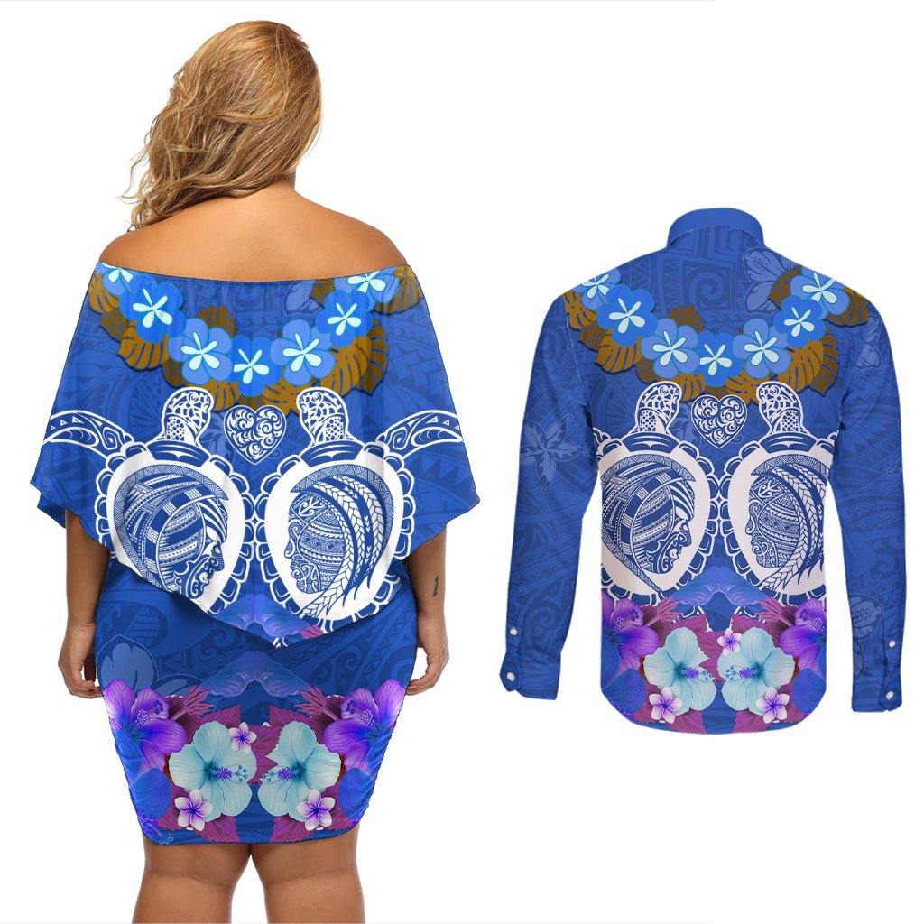 Polynesian Valentine Day Couples Matching Off Shoulder Short Dress and Long Sleeve Button Shirt Love Couple Turtle Maori Hibiscus Blue LT03 - Polynesian Pride