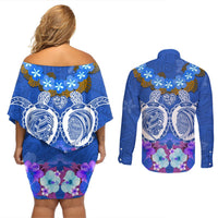 Polynesian Valentine Day Couples Matching Off Shoulder Short Dress and Long Sleeve Button Shirt Love Couple Turtle Maori Hibiscus Blue LT03 - Polynesian Pride