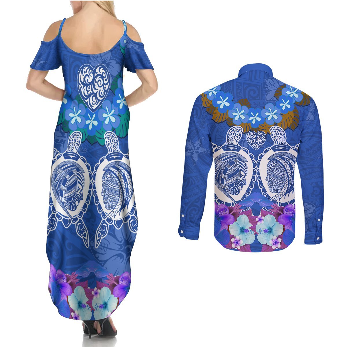 Polynesian Valentine Day Couples Matching Summer Maxi Dress and Long Sleeve Button Shirt Love Couple Turtle Maori Hibiscus Blue LT03 - Polynesian Pride