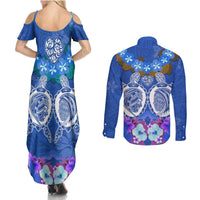 Polynesian Valentine Day Couples Matching Summer Maxi Dress and Long Sleeve Button Shirt Love Couple Turtle Maori Hibiscus Blue LT03 - Polynesian Pride