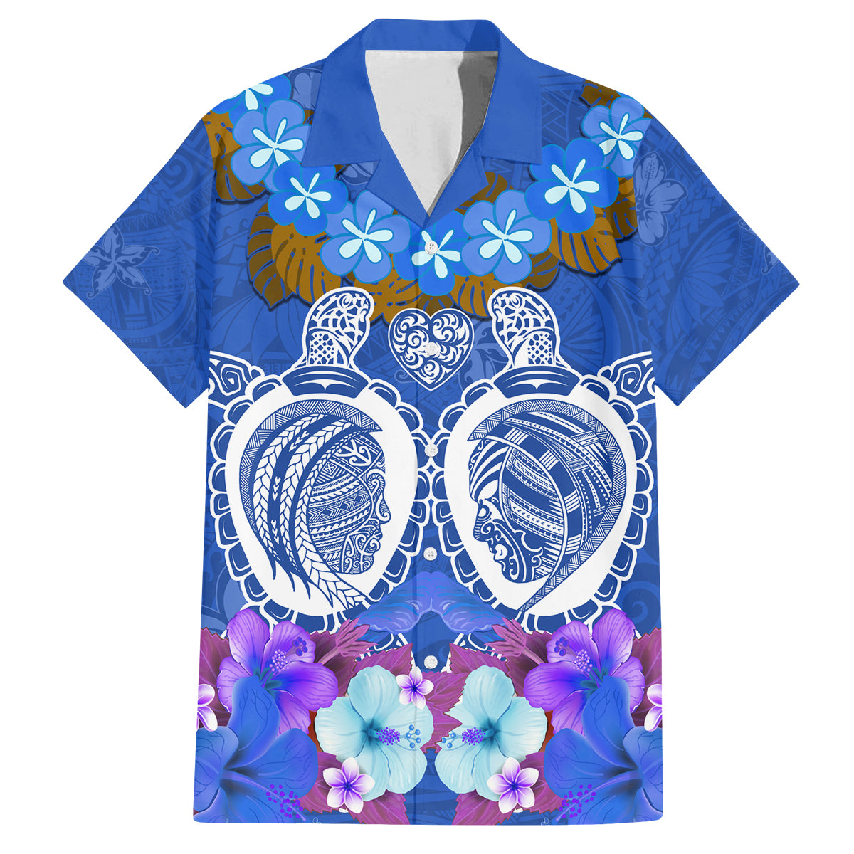 Polynesian Valentine Day Family Matching Off Shoulder Short Dress and Hawaiian Shirt Love Couple Turtle Maori Hibiscus Blue LT03 Dad's Shirt - Short Sleeve Blue - Polynesian Pride