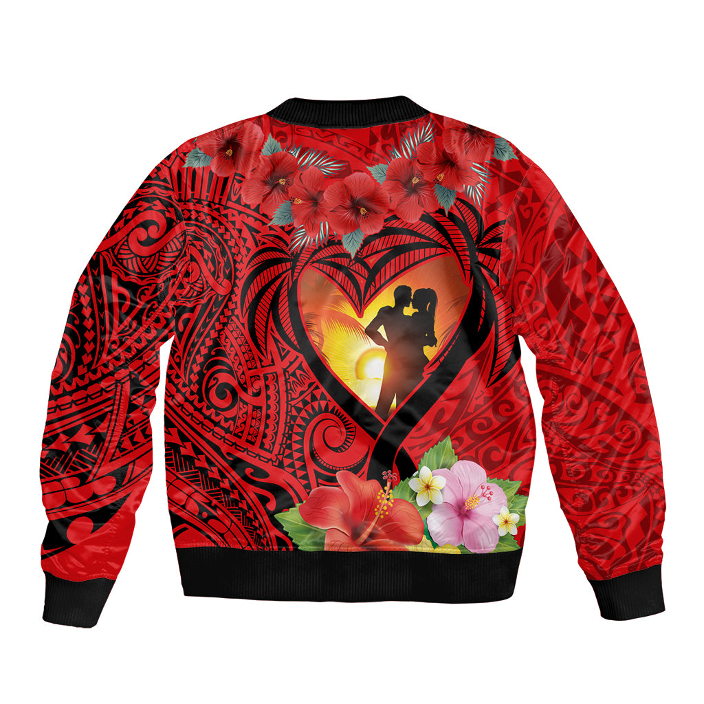 Hawaii Valentine Day Bomber Jacket Couple on Beach mix Hibiscus and Polynesian Tattoo LT03 - Polynesian Pride