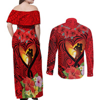 Hawaii Valentine Day Couples Matching Off Shoulder Maxi Dress and Long Sleeve Button Shirt Couple on Beach mix Hibiscus and Polynesian Tattoo LT03 - Polynesian Pride