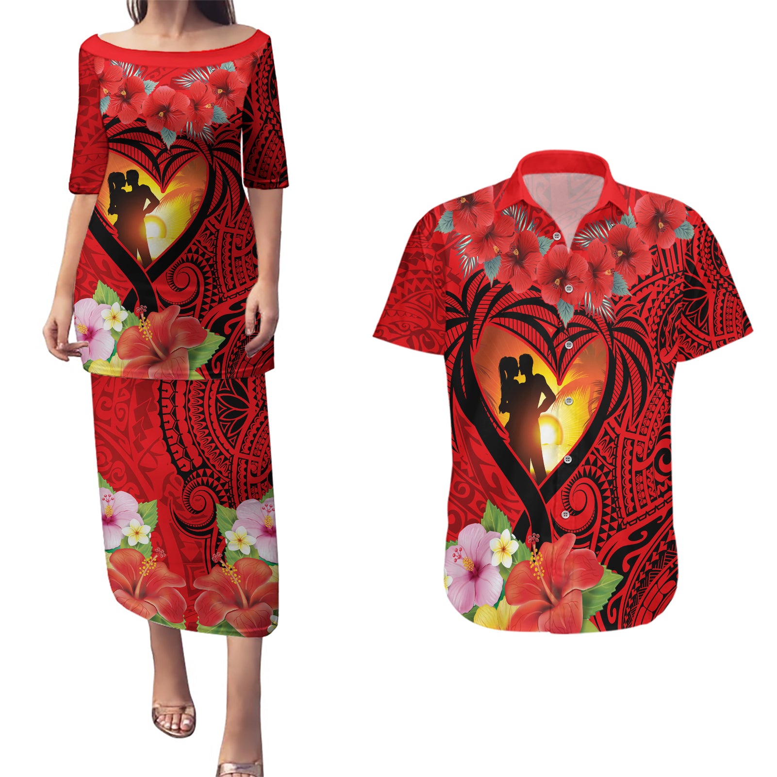 Hawaii Valentine Day Couples Matching Puletasi and Hawaiian Shirt Couple on Beach mix Hibiscus and Polynesian Tattoo LT03 Red - Polynesian Pride