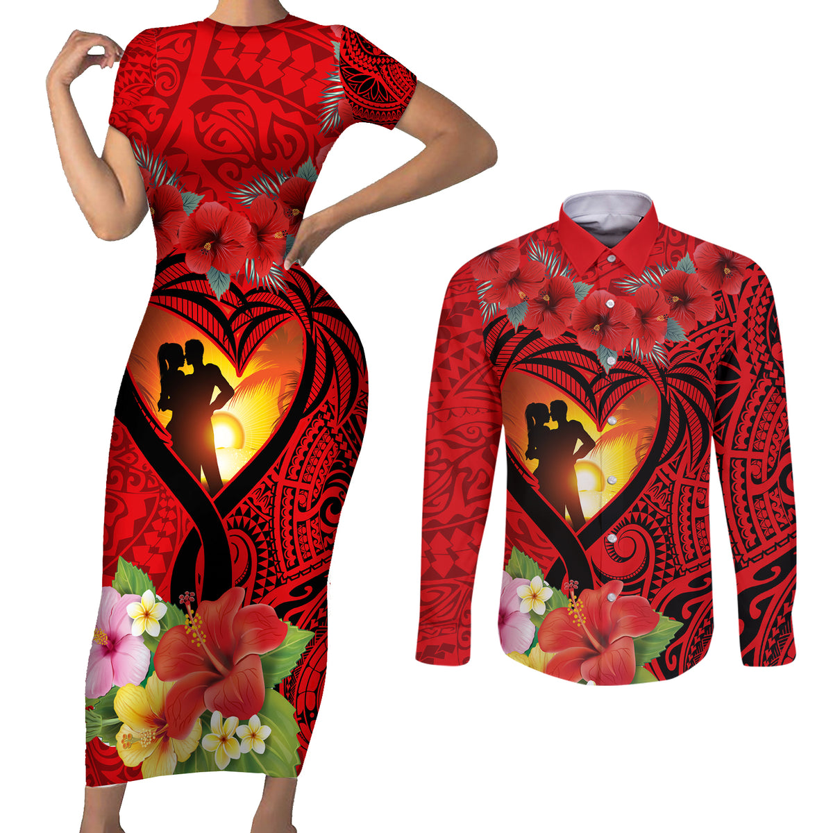 Hawaii Valentine Day Couples Matching Short Sleeve Bodycon Dress and Long Sleeve Button Shirt Couple on Beach mix Hibiscus and Polynesian Tattoo LT03 Red - Polynesian Pride