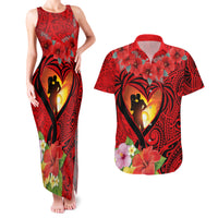 Hawaii Valentine Day Couples Matching Tank Maxi Dress and Hawaiian Shirt Couple on Beach mix Hibiscus and Polynesian Tattoo LT03 Red - Polynesian Pride