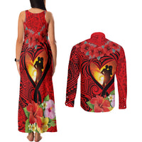 Hawaii Valentine Day Couples Matching Tank Maxi Dress and Long Sleeve Button Shirt Couple on Beach mix Hibiscus and Polynesian Tattoo LT03 - Polynesian Pride