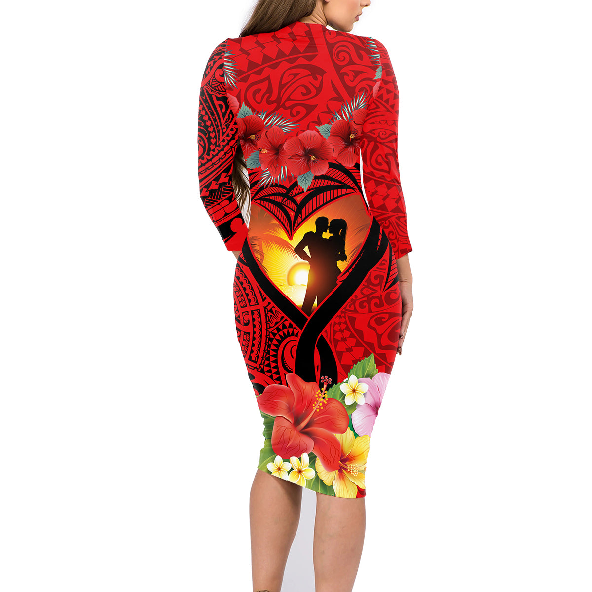 Hawaii Valentine Day Family Matching Long Sleeve Bodycon Dress and Hawaiian Shirt Couple on Beach mix Hibiscus and Polynesian Tattoo LT03 - Polynesian Pride