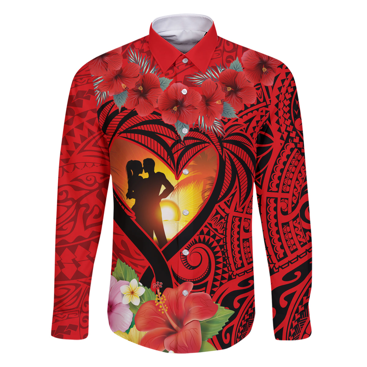 Hawaii Valentine Day Family Matching Short Sleeve Bodycon Dress and Hawaiian Shirt Couple on Beach mix Hibiscus and Polynesian Tattoo LT03 Dad's Shirt - Long Sleeve Red - Polynesian Pride
