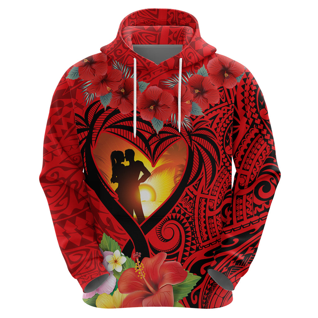 Hawaii Valentine Day Hoodie Couple on Beach mix Hibiscus and Polynesian Tattoo LT03 - Polynesian Pride