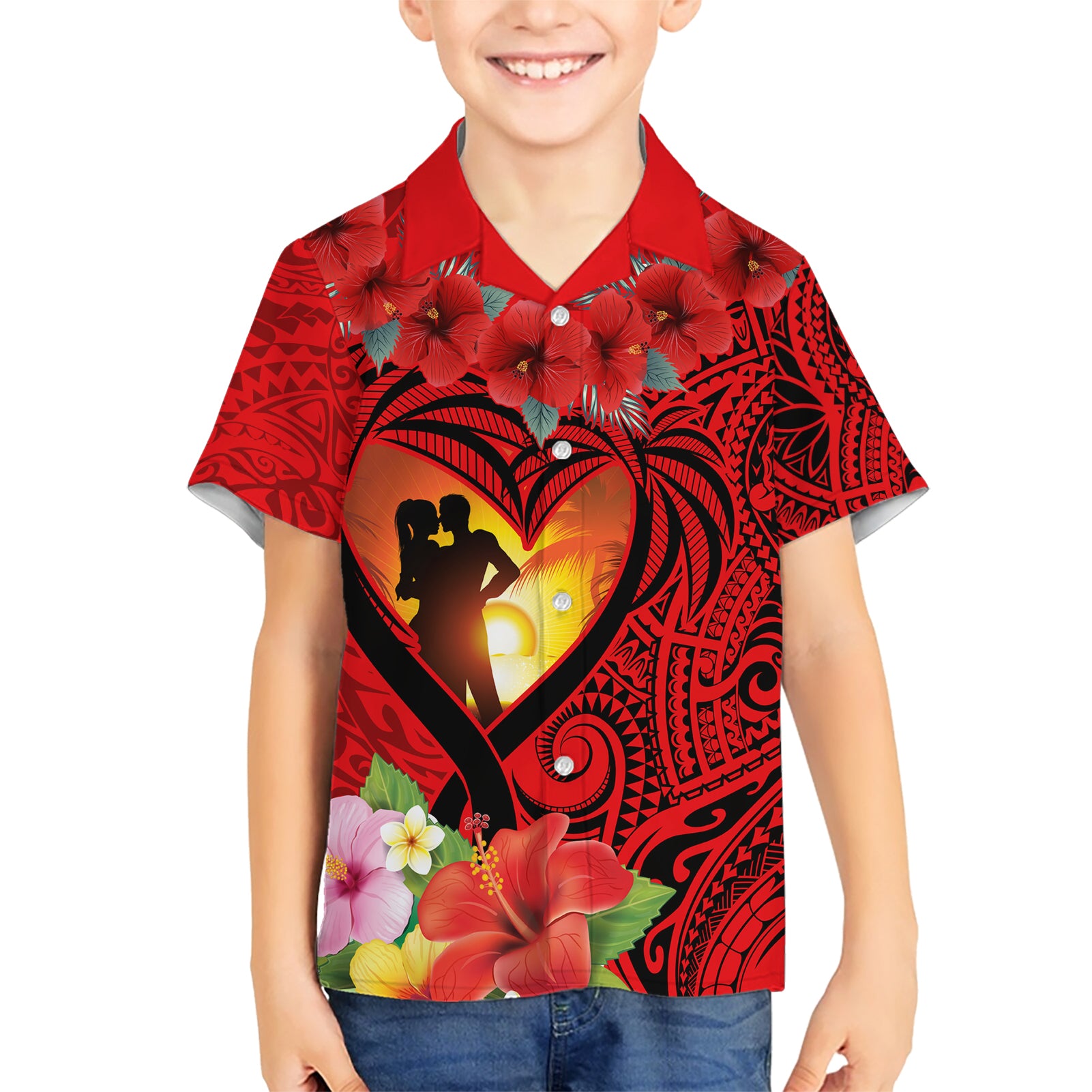 Hawaii Valentine Day Kid Hawaiian Shirt Couple on Beach mix Hibiscus and Polynesian Tattoo LT03 Kid Red - Polynesian Pride