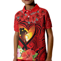 Hawaii Valentine Day Kid Polo Shirt Couple on Beach mix Hibiscus and Polynesian Tattoo LT03 Kid Red - Polynesian Pride