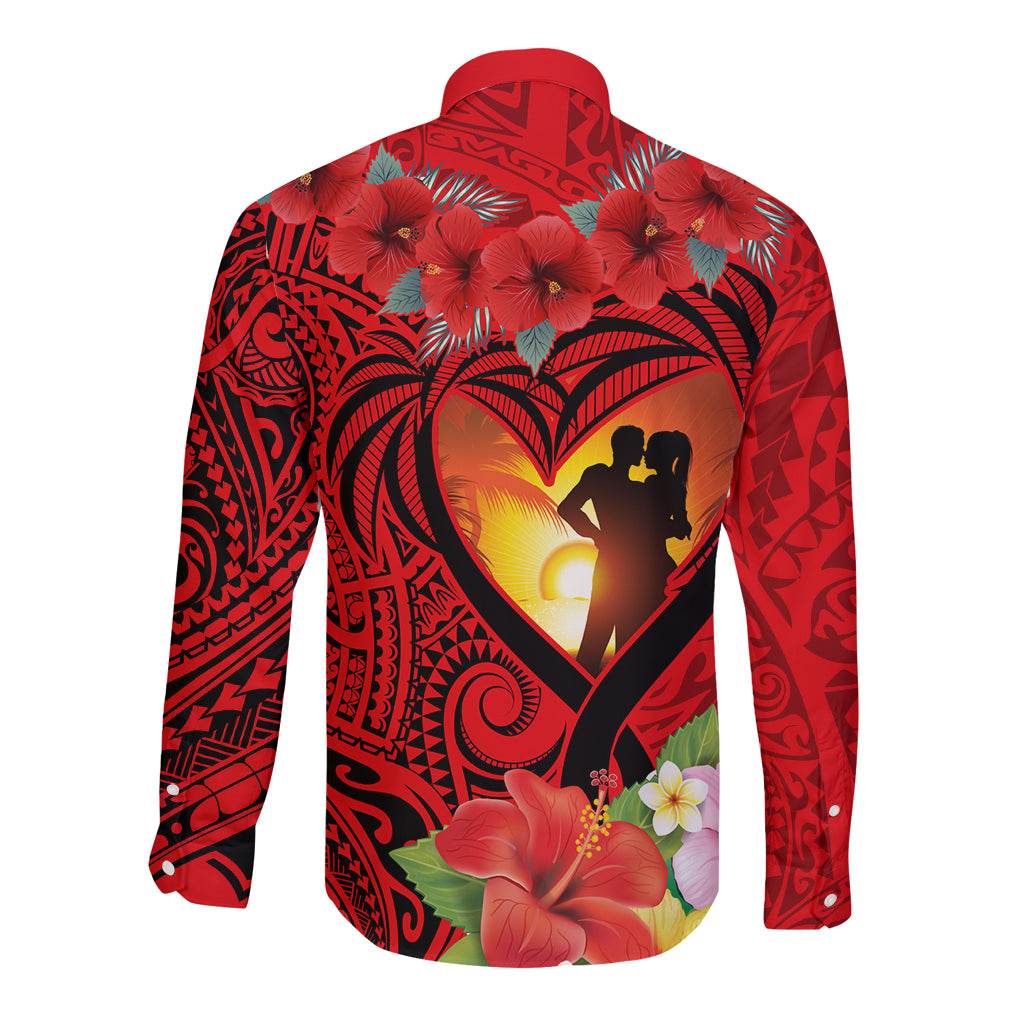 Hawaii Valentine Day Long Sleeve Button Shirt Couple on Beach mix Hibiscus and Polynesian Tattoo LT03 - Polynesian Pride